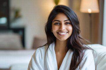 Obraz premium A woman is sitting on a couch wearing a white robe and smiling