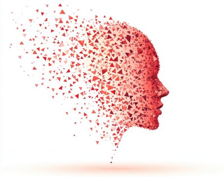 human head made up from tiny triangles on white background, disintegrating into small geometric shapes that float in mid-air Generative AI