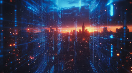 Obraz premium Smart digital Innovation city with connection network reciprocity over the cityscape. of future smart wireless digital city and social media networking systems that connects people with in city