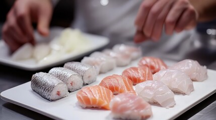 Chef Preparing a Selection of Fresh Nigiri Sushi, Artistic Culinary Plating, Japanese Food