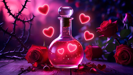 magic glass flask with love potion and hearts in garden with roses on sunset background