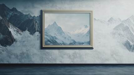 Framed mountain art on wall with scenic snowy peaks and rugged terrain