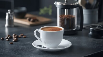 Dark kitchen, coffee cup, French press, beans