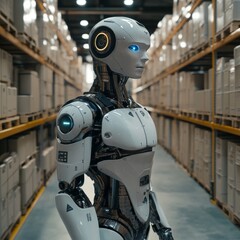 Fototapeta premium a futuristic humanoid robot navigating a terrain inside a simulated warehouse technology environment photorealistic 