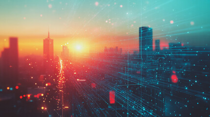 Obraz premium Smart digital Innovation city with connection network reciprocity over the cityscape. of future smart wireless digital city and social media networking systems that connects people with in city