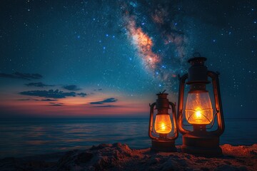 Glowing Lanterns Illuminate Coastal Night Sky