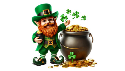 leprechaun isolated on white background with a pot of gold