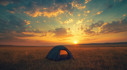 sunset, Masai Mara (Kenya). outdoor camping photography. tent in the middle of nature. spectacular landscape. Africa