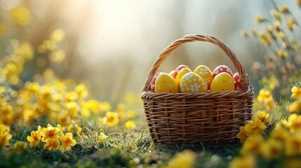 Easter eggs in wicker basket amidst yellow flowers in bright spring setting