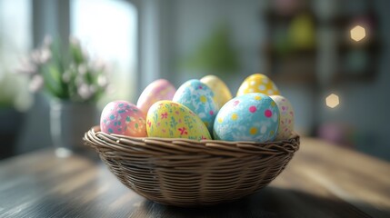 Colorful easter eggs in a woven basket celebrating spring joy and festivity