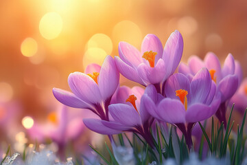 Fototapeta premium Vibrant purple crocus flowers with bright orange centers illuminated by soft sunlight and bokeh 