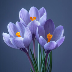 Charming lavender crocus flowers with striking orange centers against a soft gray background