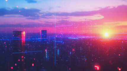 Fototapeta premium Smart digital Innovation city with connection network reciprocity over the cityscape. of future smart wireless digital city and social media networking systems that connects people with in city