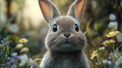 Fototapeta premium Ultra realistic easter bunny in blooming meadow scene for holiday design