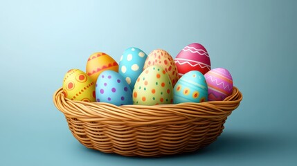 Vibrant easter eggs in woven basket on blue background for festive decoration