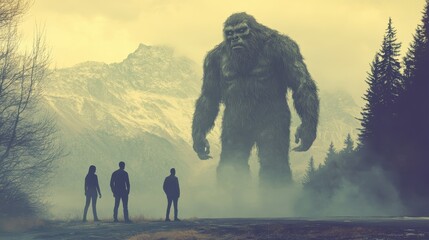 Giant mythical creature in foggy mountain landscape with silhouetted figures
