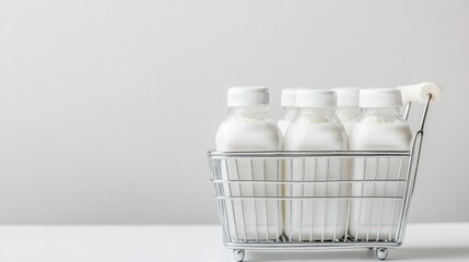 Mini Cart of Milk Bottles on White Background