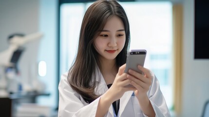 Fototapeta premium Portrait of young Asian woman as female doctor using smartphone while standing in light clinic interior copy space 