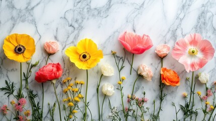 Vibrant floral arrangement on marble background for decorative use