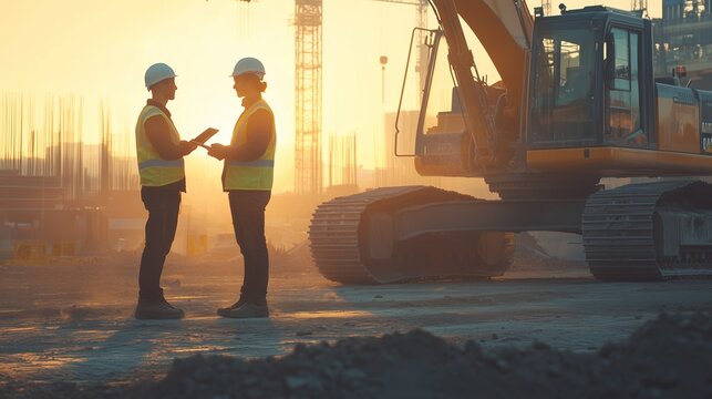 Two professionals engage in a conversation at a construction site, reviewing plans while an excavator operates in the background as the sun sets, creating a dramatic sky.