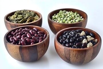 World Pulses Day, Assorted Beans and Legumes Displayed in Wooden Bowls Emphasizing Vibrancy and Texture Variety
