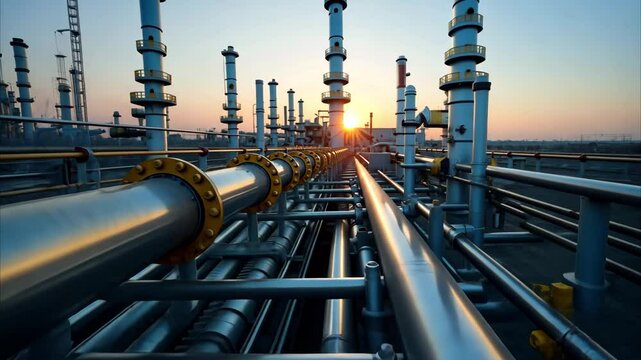 landscape with gas pipeline and plant against sunset background. fpv top view of iron pipes of plant. Monitoring and maintenance of liquid natural gas.