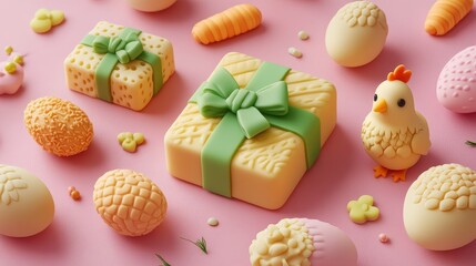 Easter decor concept: yellow gift box with eggs and chick figurine on pink surface