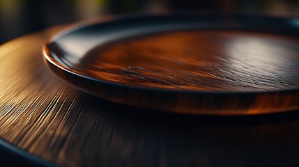 Warm Wooden Tray on Dark Table: A Study in Texture and Light