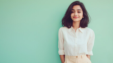 A woman is standing in front of a green wall, wearing a white shirt