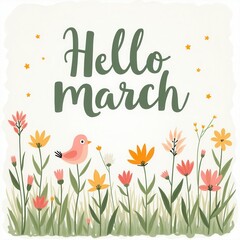 Hello March Illustration – Pastel Colors, Spring Theme