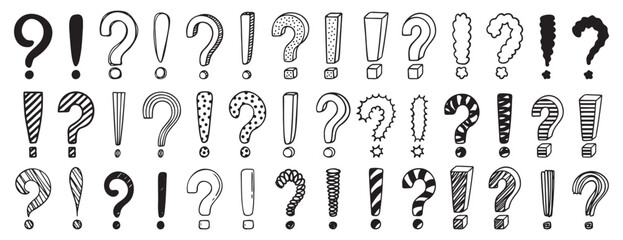 Doodle exclamation mark and question marks set. Hand drawn drawing punctuation symbols, creative ink stroke question exclamation mark icon set.