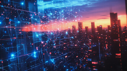 Obraz premium smart, digital, city, connection, network, innovation, Smart digital Innovation city with connection network reciprocity over the cityscape. of future smart wireless digital city and social media netw