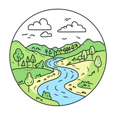 Fototapeta premium Serene River Landscape with Rolling Green Hills and Trees