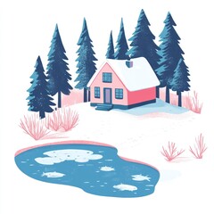 Fototapeta premium Pink Winter Cabin Beside Frosty Pond And Pine Trees