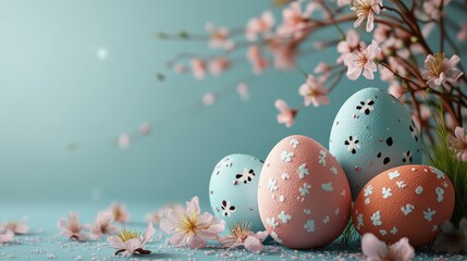 Obraz premium Pastel easter greeting card with decorative eggs and blossoms on blue background
