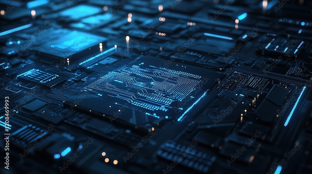 Poster Blue Circuit Board Texture with Lines and Patterns in Background