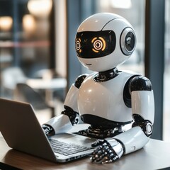 friendly ai robot working at a laptop in an office 