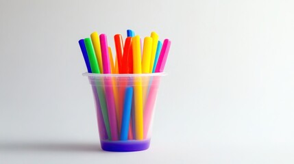 Colorful straws in cup, white background, studio shot, craft supply