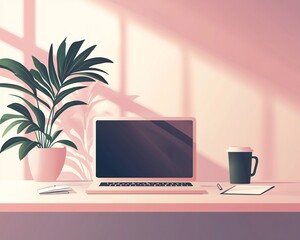 Minimalist office desk setup with a laptop a coffee cup a notepad and an indoor plant under soft natural light flat vector style