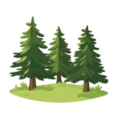 Naklejka premium Three Evergreen Trees on a Green Hillside