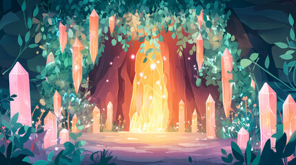 Illustration of a mystical cave entrance engulfed in glowing vines and shimmering crystals, leading into a fantastical underworld, with an aura of mystery and adventure. Shimmering Cave. Illustration