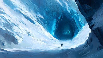 Obraz premium Majestic ice cave with shimmering blue walls, frozen wonderland, glacial beauty, natural ice sculptures ice climbing, ice cave photography, winter exploration. Shimmering Cave. Illustration