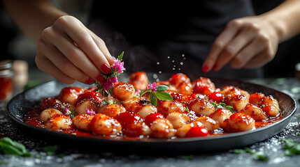Close-up of chef's hands plating delicious gnocchi with tomato sauce and edible flowers