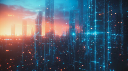 Fototapeta premium smart, digital, city, connection, network, innovation, Smart digital Innovation city with connection network reciprocity over the cityscape. of future smart wireless digital city and social media netw