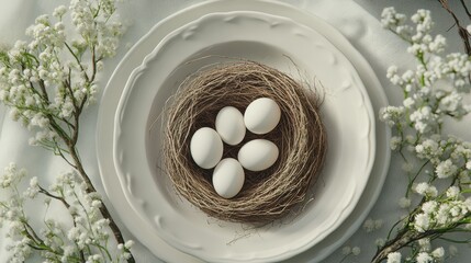 Elegant easter table setting with bird nest and eggs centerpiece for spring decor