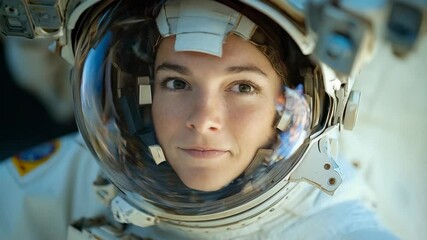Female astronaut in white spacesuit with gentle smile looking through protective helmet visor during space mission, close up portrait with reflection of earth. Space exploration and women in science - Powered by Adobe