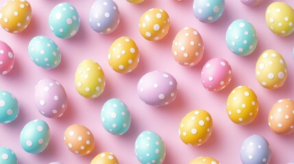 Colorful pastel polka dot easter eggs on pink background for festive banner or card design