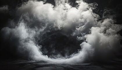 Fototapeta premium A large, dark hole in the ground, surrounded by swirling smoke and mist, on a black background