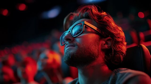 Young bearded man in glasses watching movie with fascination in cinema theater, other viewers blurred with red reflecting light and copy space. Concept of entertainment and immersive movie experience