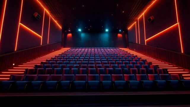 Modern cinema auditorium interior with rows of comfortable seats, illuminated stairs, wall lighting and surround sound speakers. Concept of contemporary entertainment venue design